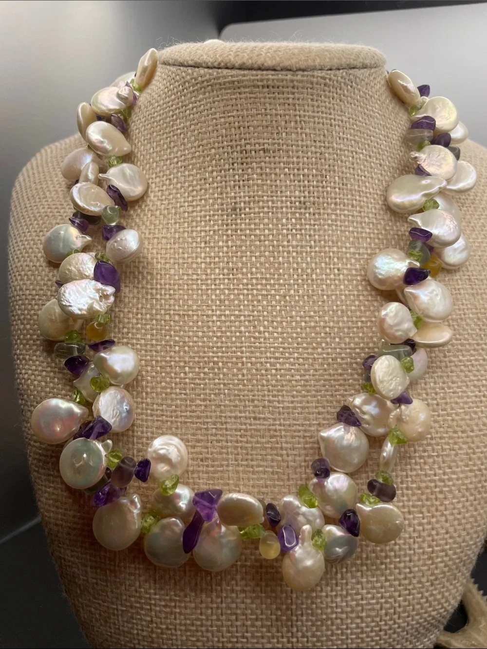 Cultured coin pearl with gemstones necklace 925 D25